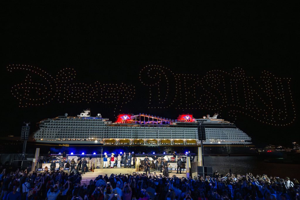 Disney Destiny cruise ship exterior at sea, heroes and villains themed vessel