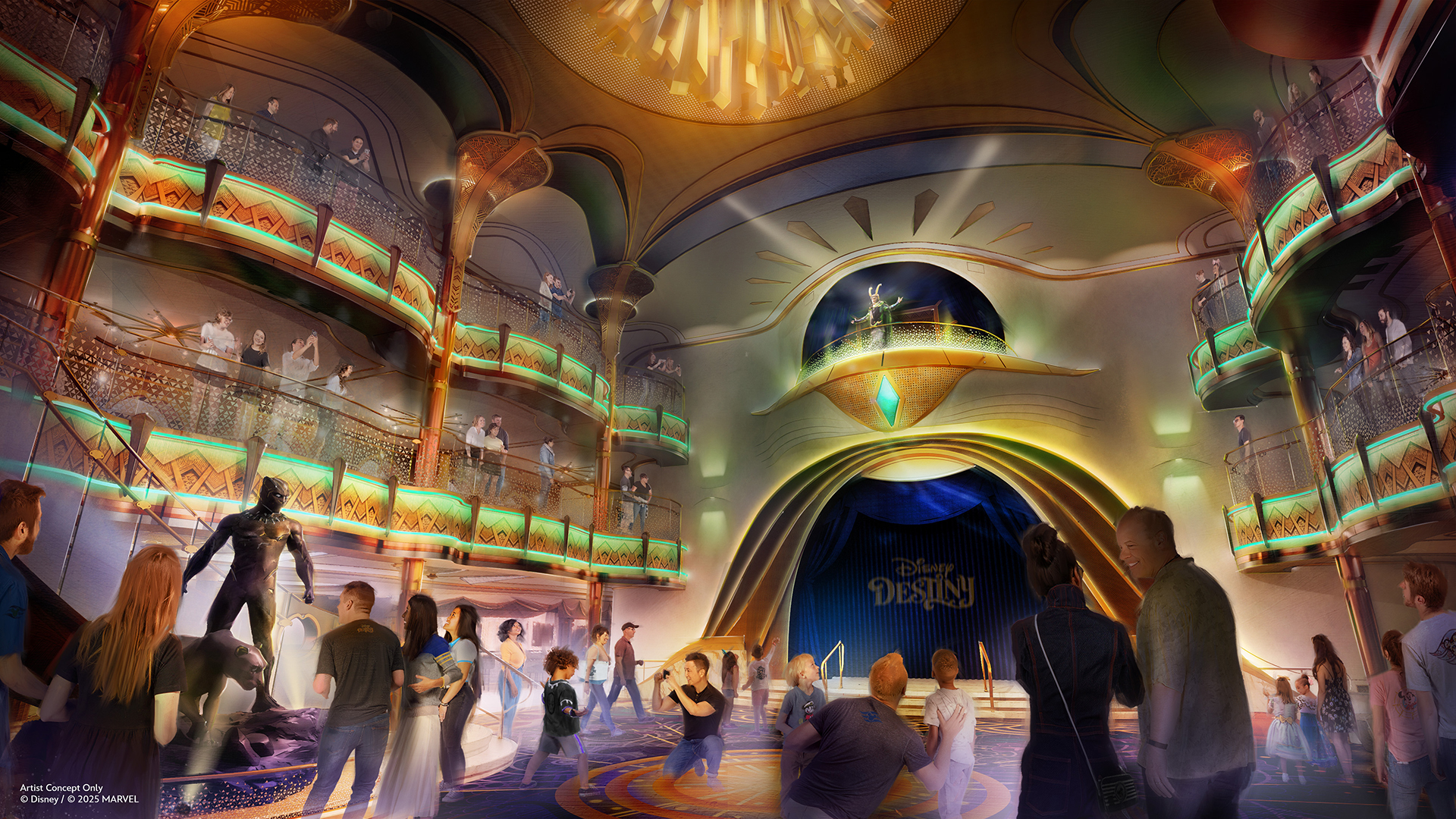 Disney Destiny Grand Hall with Loki statue and dramatic lighting