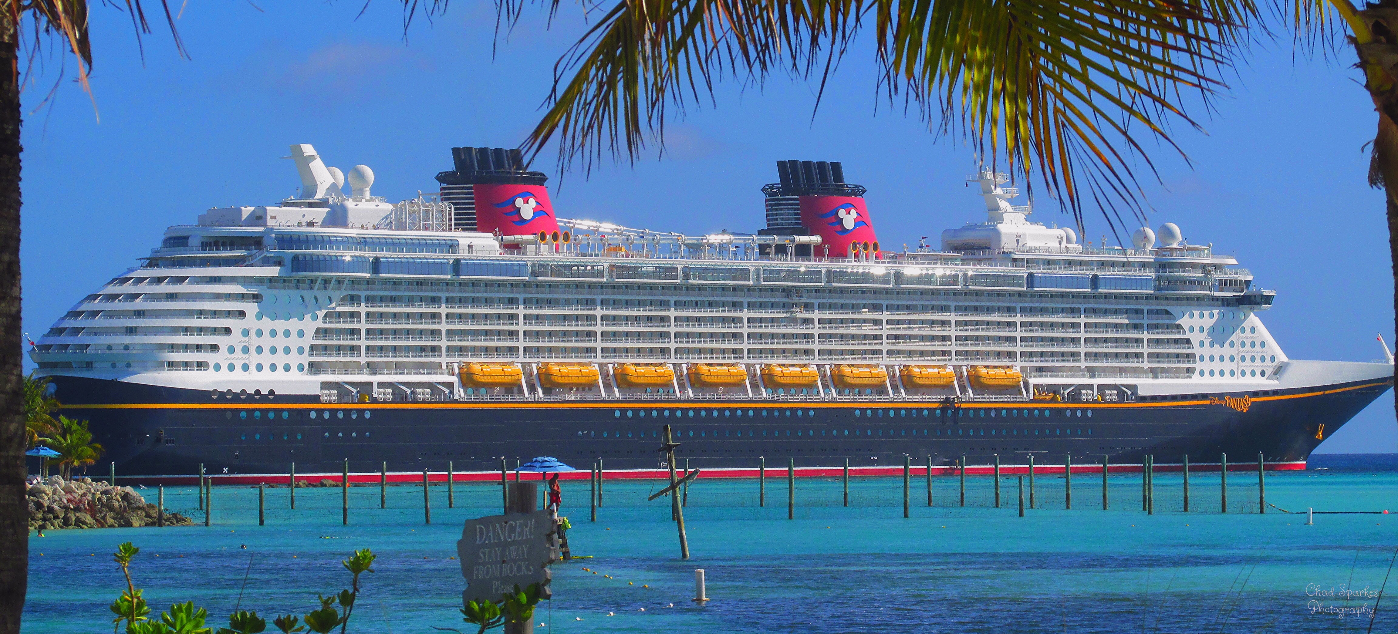 Disney Fantasy docked at Castaway Cay seen through palm trees