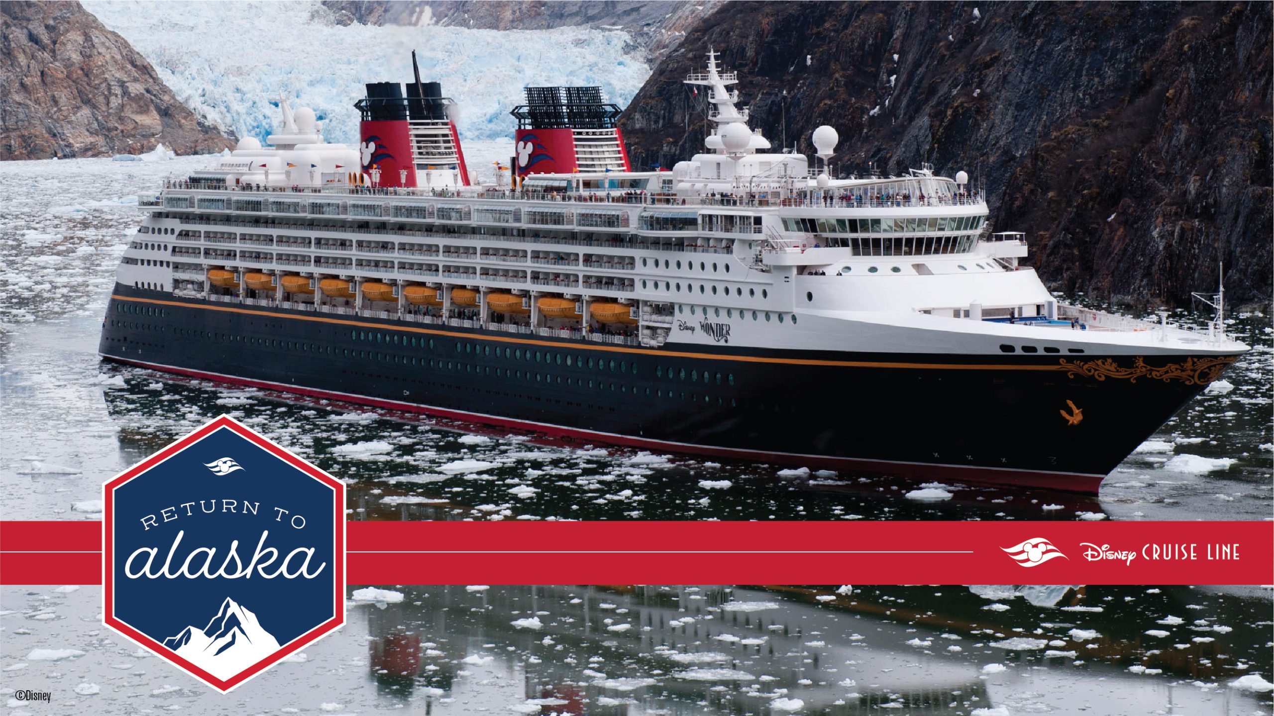 Disney Wonder cruise ship sailing through scenic Alaskan waters